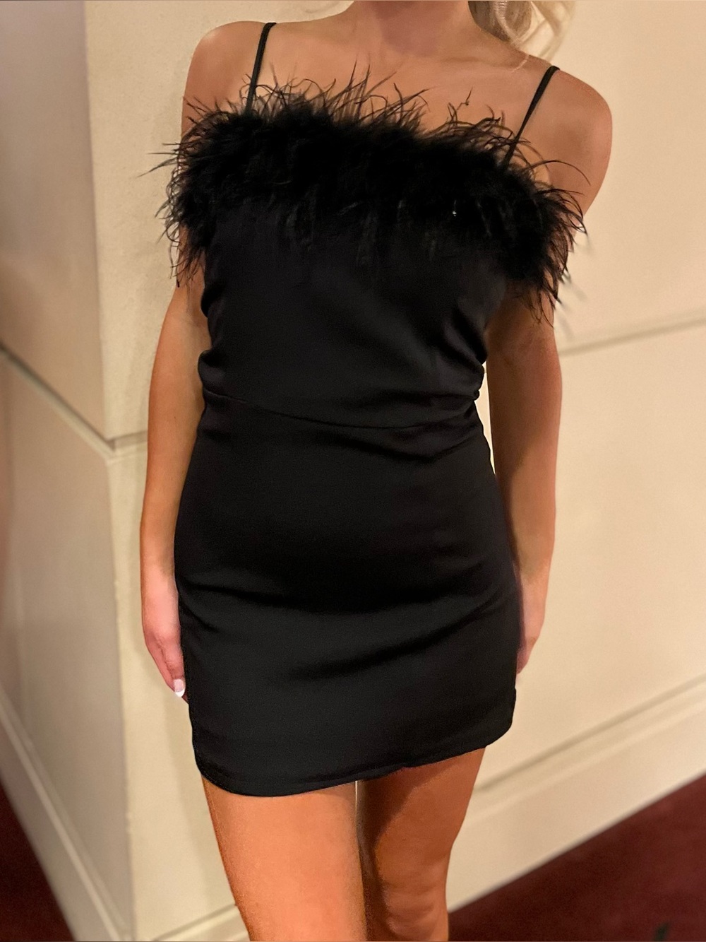 Black Feather Trim Spaghetti Strap Mini Dress